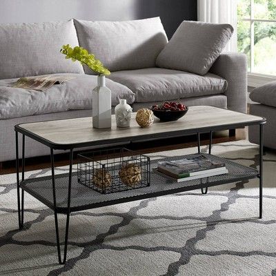 Industrial Hairpin Leg Coffee Table With Metal Mesh Shelf With 3 Piece Shelf Coffee Tables (View 5 of 15)