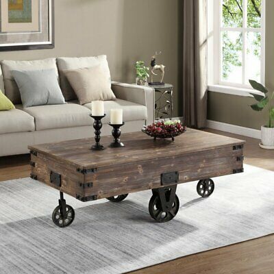 Industrial Wheel Coffee Table Stylish Rugged Solid Rustic Regarding Wood Coffee Tables (View 7 of 15)