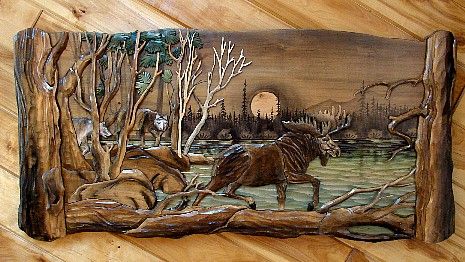 Intarsia Wood Art Bull Moose Wolves Lake Large Log Framed In Hexagons Wood Wall Art (View 14 of 15)