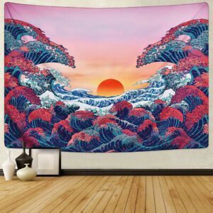 Japanese Art Tapestry Ocean Waves Sunset Wall Hanging Throughout Sunset Wall Art (View 13 of 15)