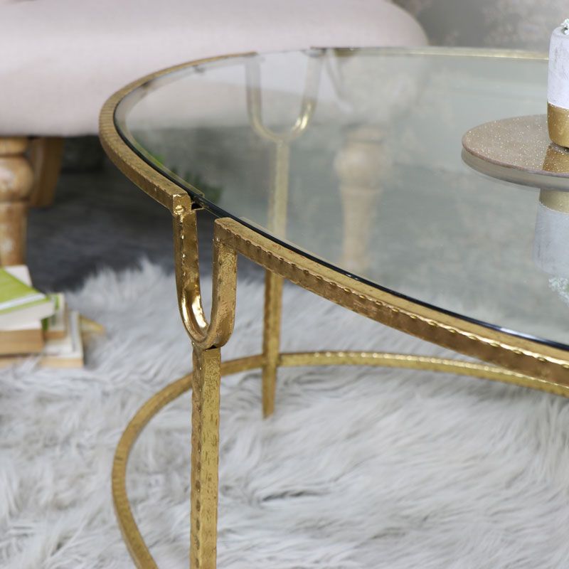 Large Gold Oval Glass Topped Coffee Table | Flora Furniture With Metallic Gold Modern Cocktail Tables (View 11 of 15)