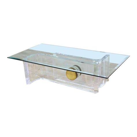 Large Rectangular Glass Top Thick Lucite And Brass Base In Rectangular Glass Top Coffee Tables (View 15 of 15)