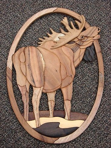 Large Solid Wood Intarsia Inlaid Moose Wall Picture Wall Pertaining To Oak Wood Wall Art (View 9 of 15)