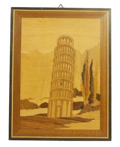 Leaning Tower Of Pisa Vintage Inlaid Wood Marquetry Wall With Retro Wood Wall Art (View 2 of 15)