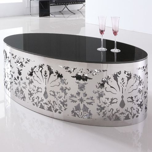Luxury Steel Glass Oval Coffee Table Silver & Black | Buy With Metallic Gold Modern Cocktail Tables (View 15 of 15)