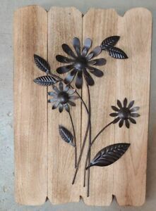 Metal Wall Art Hanging Decor Metal Flower Bouquet On Wood Intended For Waves Wood Wall Art (View 4 of 15)