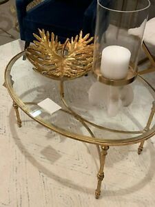 Mid Century Modern 40" Aged Gold Leaf Iron Glass Top Oval Pertaining To Aged Black Coffee Tables (View 6 of 15)