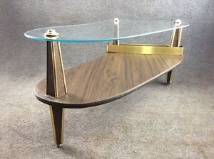 Mid Century Modern Kidney Peninsula Glass Top & Wood Grain For Glass And Pewter Coffee Tables (View 8 of 15)