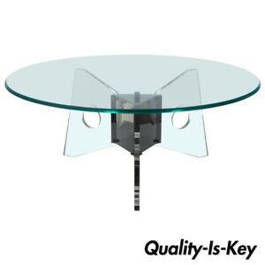 Mid Century Modern Lucite Chrome & Round Glass Tripod Base Throughout Geometric Glass Modern Coffee Tables (View 12 of 15)