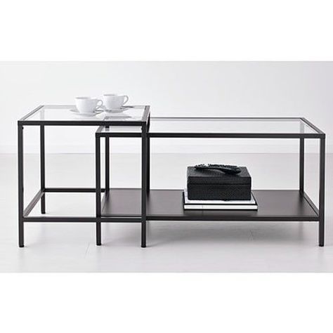 Nesting Coffee And Side Table Set Glass Metal Black Brown For Black And White Coffee Tables (View 13 of 15)