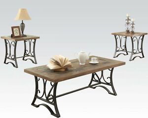 New 3Pc Tory Oak Finish Wood Antique Black Metal Slate Pertaining To Metal And Oak Coffee Tables (View 13 of 15)