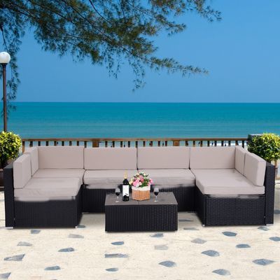 Outsunny 7Pc Garden Wicker Sectional Set W/ Tea Table With Black And Tan Rattan Coffee Tables (View 4 of 15)