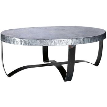 Oval Iron Strap Cocktail Table With Hammered Zinc Top In Wrought Iron Cocktail Tables (View 4 of 15)
