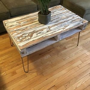 Recycled Solid Wood White Washed Coffee Table On Hairpin Intended For Oak Wood And Metal Legs Coffee Tables (View 10 of 15)