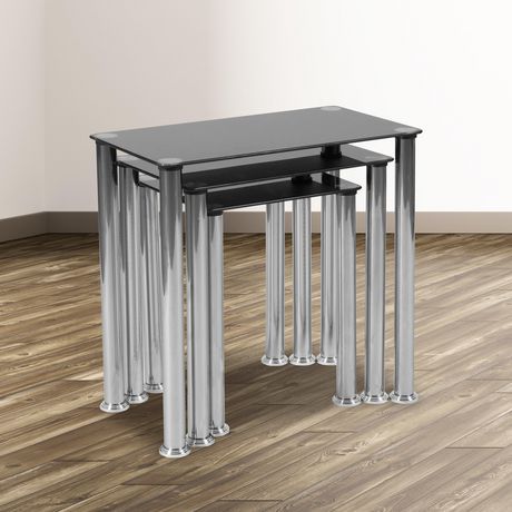 Riverside Collection Black Glass Nesting Tables With Pertaining To Glass And Stainless Steel Cocktail Tables (View 4 of 15)