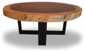 Round Solid Wood Table – Blackened Metal Base Contemporary Regarding Metal And Oak Coffee Tables (View 15 of 15)