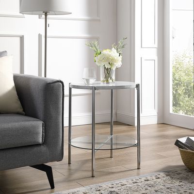 Round White Faux Marble & Chrome Side Table With Glass Inside Faux White Marble And Metal Coffee Tables (View 11 of 15)