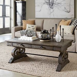 Rustic European Style Coffee Table W/Drawers Trestle Base Regarding Rustic Oak And Black Coffee Tables (View 15 of 15)