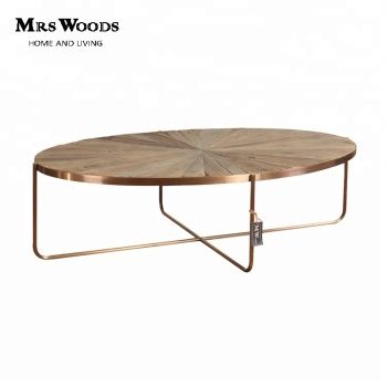 Rustic Wood Oval Center Coffee Table With Rose Gold Metal Regarding Glass And Gold Oval Coffee Tables (View 7 of 15)