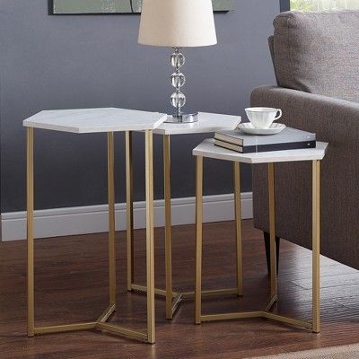 Set Of 3 Glam Geometric Nesting Hexagon Accent Tables Faux Within Geometric Glass Top Gold Coffee Tables (View 9 of 15)