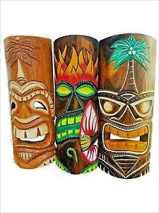 Set Of (3) Wooden Handcarved 12" Tall Tiki Masks Tropical Pertaining To Tropical Wood Wall Art (View 14 of 15)