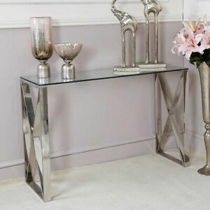 Silver Stainless Steel Console Table Clear Glass Hall Pertaining To Metallic Gold Modern Cocktail Tables (View 10 of 15)