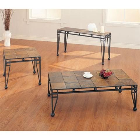 Slate Design Metal Base Coffee End Table Set Accent With Metal Coffee Tables (View 11 of 15)