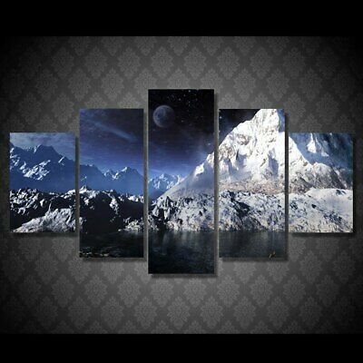Snow Mountain Moon Nightscape 5 Piece Hd Poster Art Wall Inside Snow Wall Art (View 1 of 15)