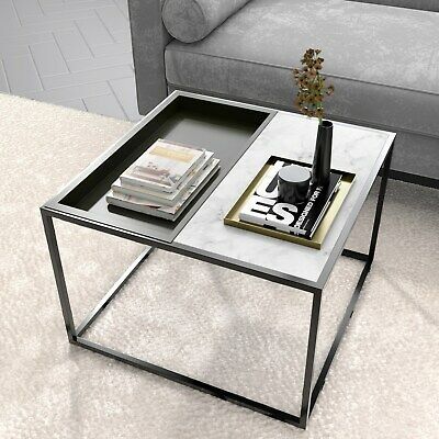 Square Grey Tray Coffee Table With White Marble Top Within Marble Top Coffee Tables (View 6 of 15)