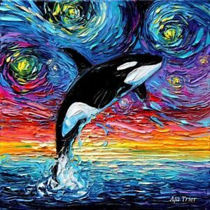 Starry Night Orca Killer Whale Wall Art Print Seascape Pertaining To Night Wall Art (View 4 of 15)