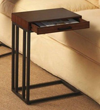 Tray Table With Drawer – Dark Walnut Finish | Sofa Table Intended For Brown Wood And Steel Plate Coffee Tables (View 5 of 15)