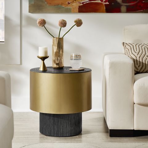 Victross Antique Gold Finish Metal Wrapped Round End Table With Antique Gold And Glass Coffee Tables (View 6 of 15)