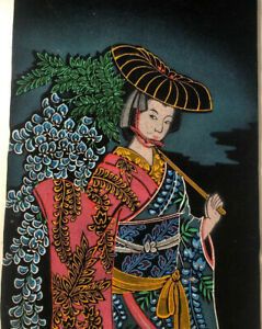 Vintage Asian Japanese Scroll Geisha Painting On Velvet With Tokyo Wall Art (View 11 of 15)