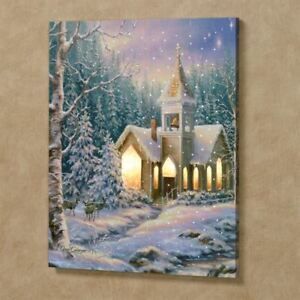 Winter Snow Lighted Church Chapel Hanging Wall Canvas Art In Snow Wall Art (View 2 of 15)