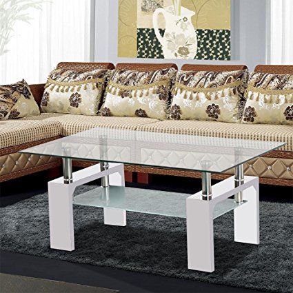 Yaheetech Living Room Rectangular Glass Top Coffee Tables With Glass And Pewter Oval Coffee Tables (View 5 of 15)