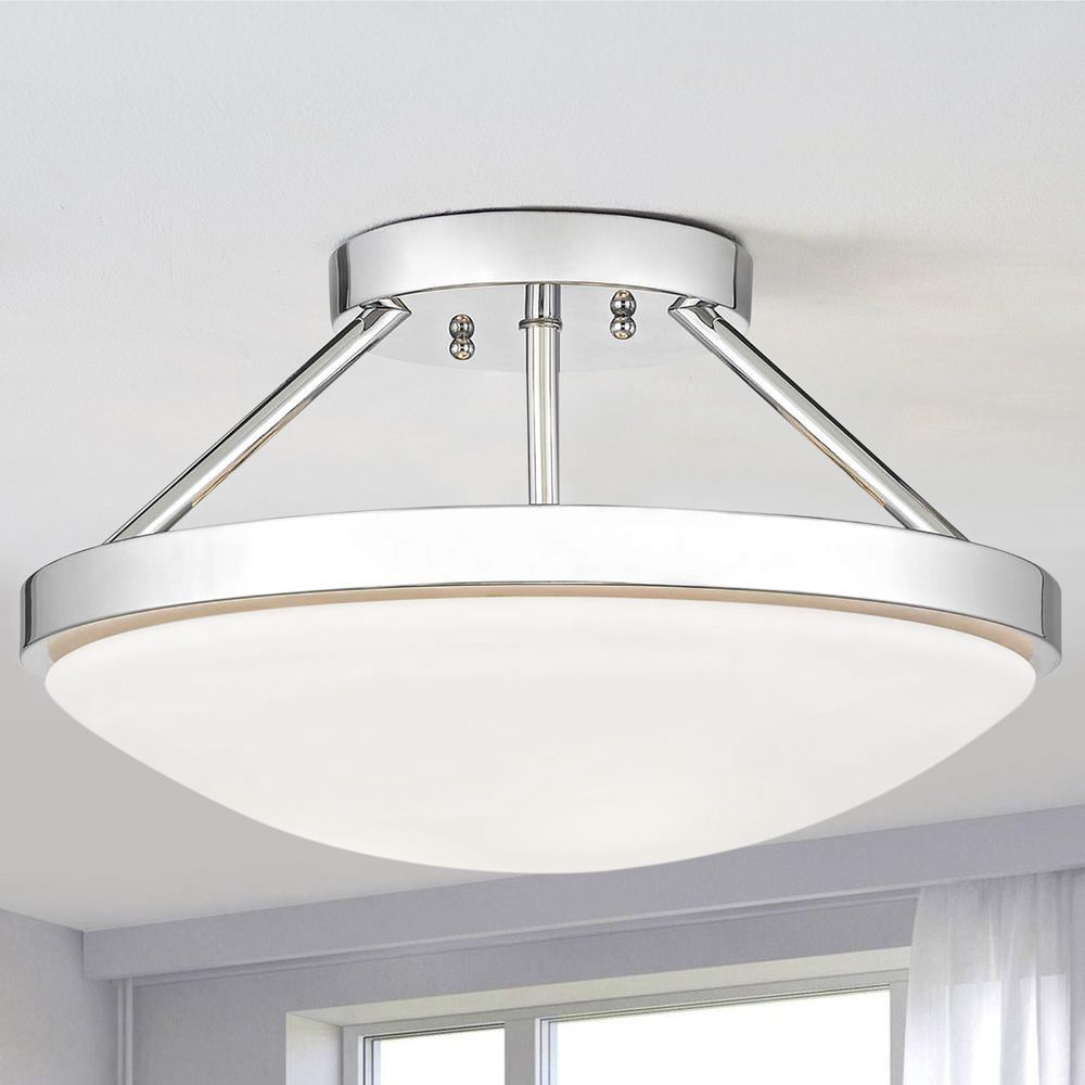 15 Inch Chrome Semi Flushmount Ceiling Light With Satin White Glass In Ceiling Hung Satin Chrome Wall Mirrors (View 6 of 15)