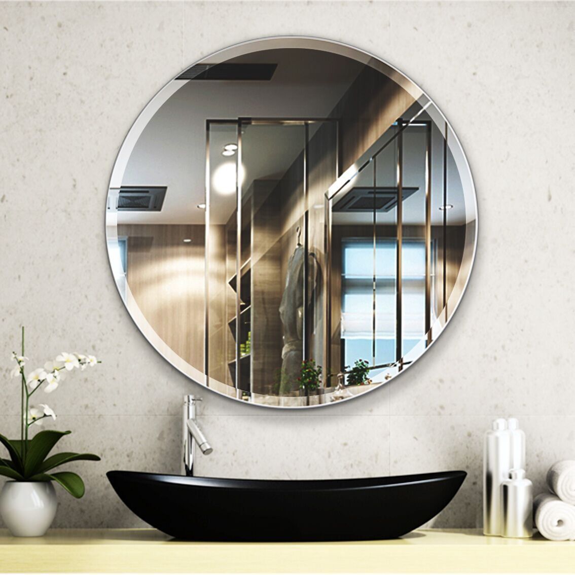 28 Inch Round Frameless Mirror Large Beveled Wall Mirror | Mirror Wall Inside Crown Frameless Beveled Wall Mirrors (View 9 of 15)