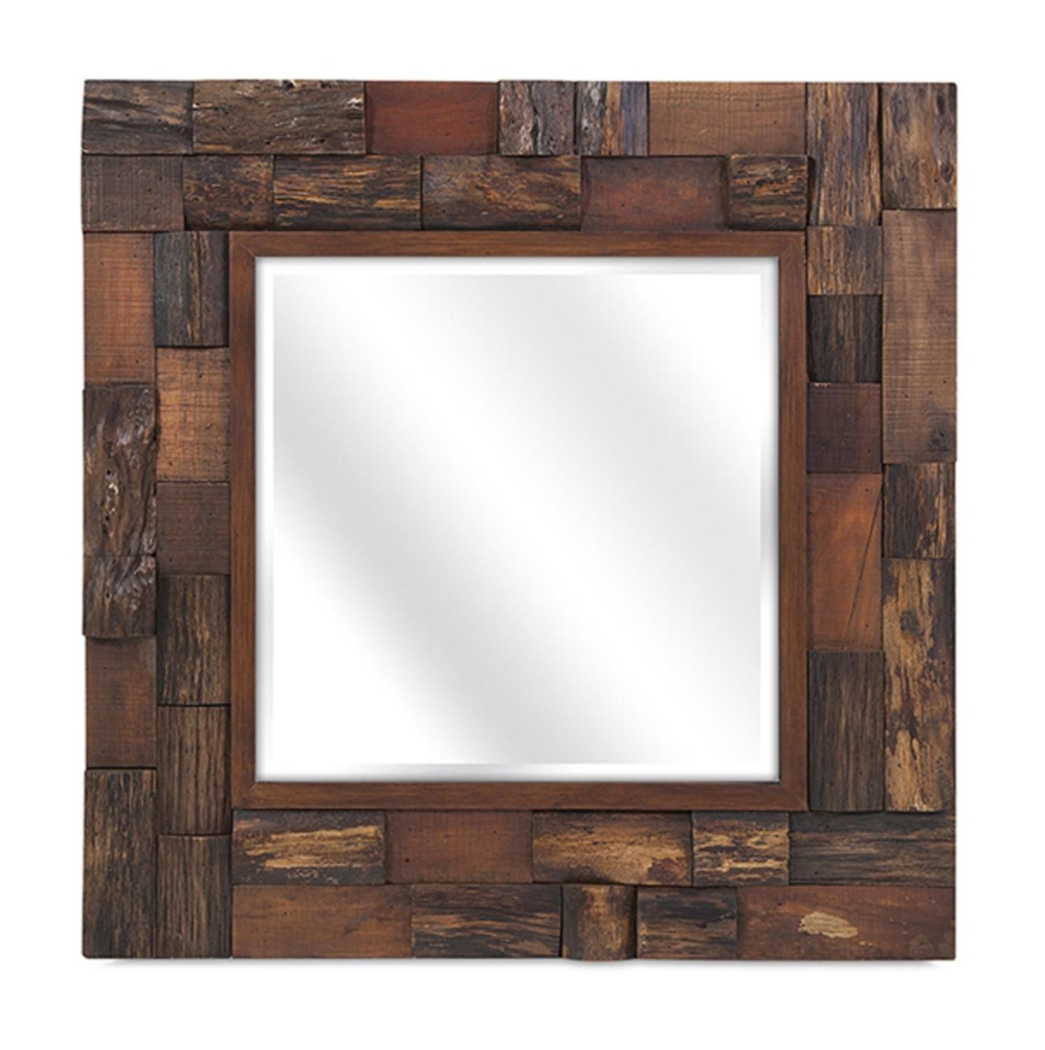 30" Rustic Masculine Baker Wood Finish Slat Square Beveled Wall Mirror Regarding Rustic Getaway Wood Wall Mirrors (View 3 of 15)