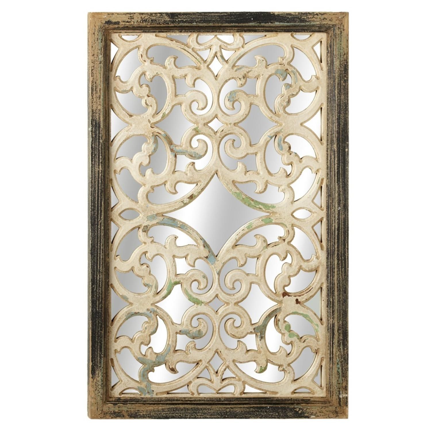 34" Black And White Scroll Inlaid Distressed Wooden Framed Wall Mirror Inside Black Wood Wall Mirrors (View 4 of 15)
