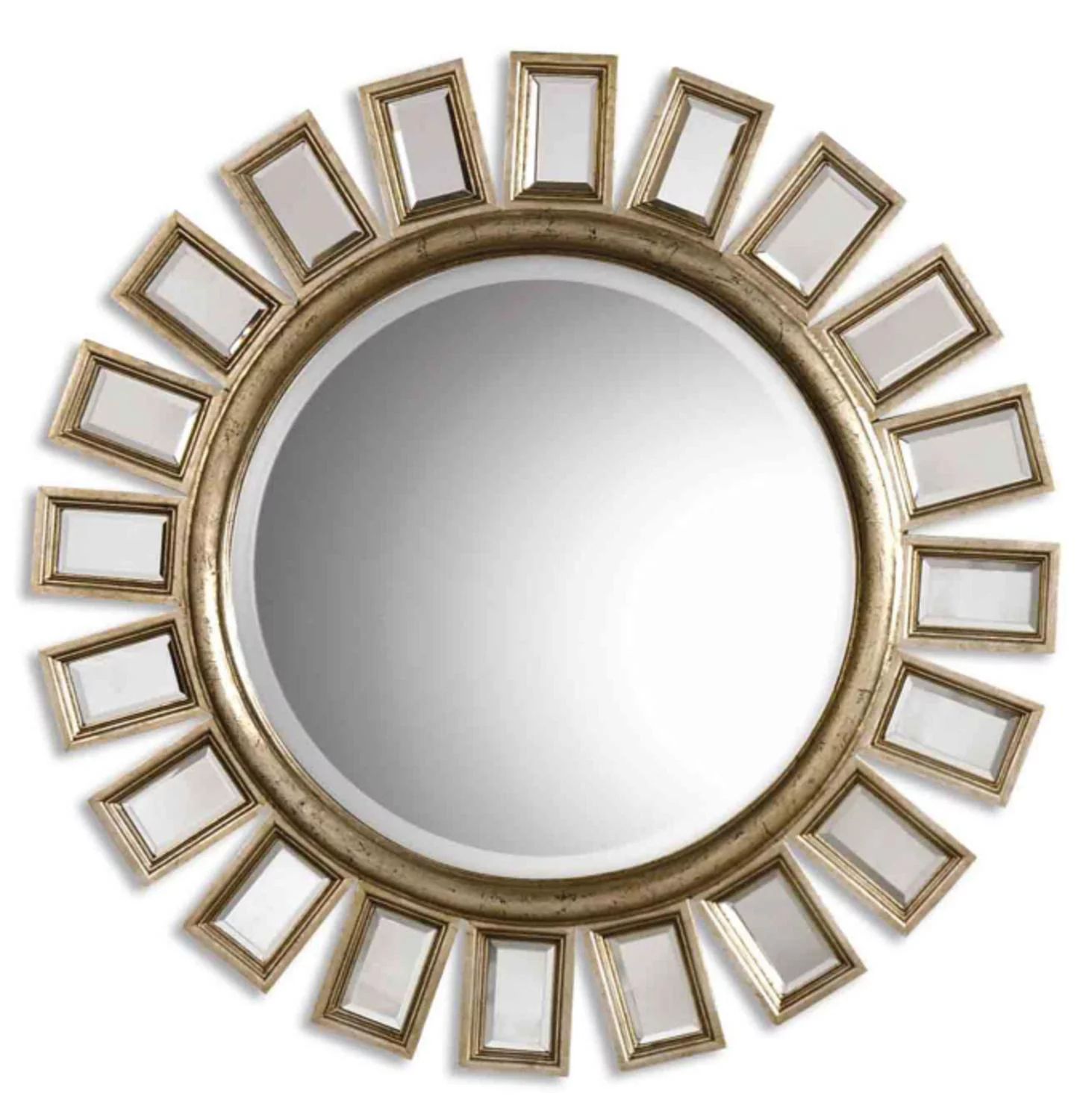 34" Distressed Silver Leaf Finish With Small Mirrors Framed Round Wall Intended For Silver Quatrefoil Wall Mirrors (View 1 of 15)