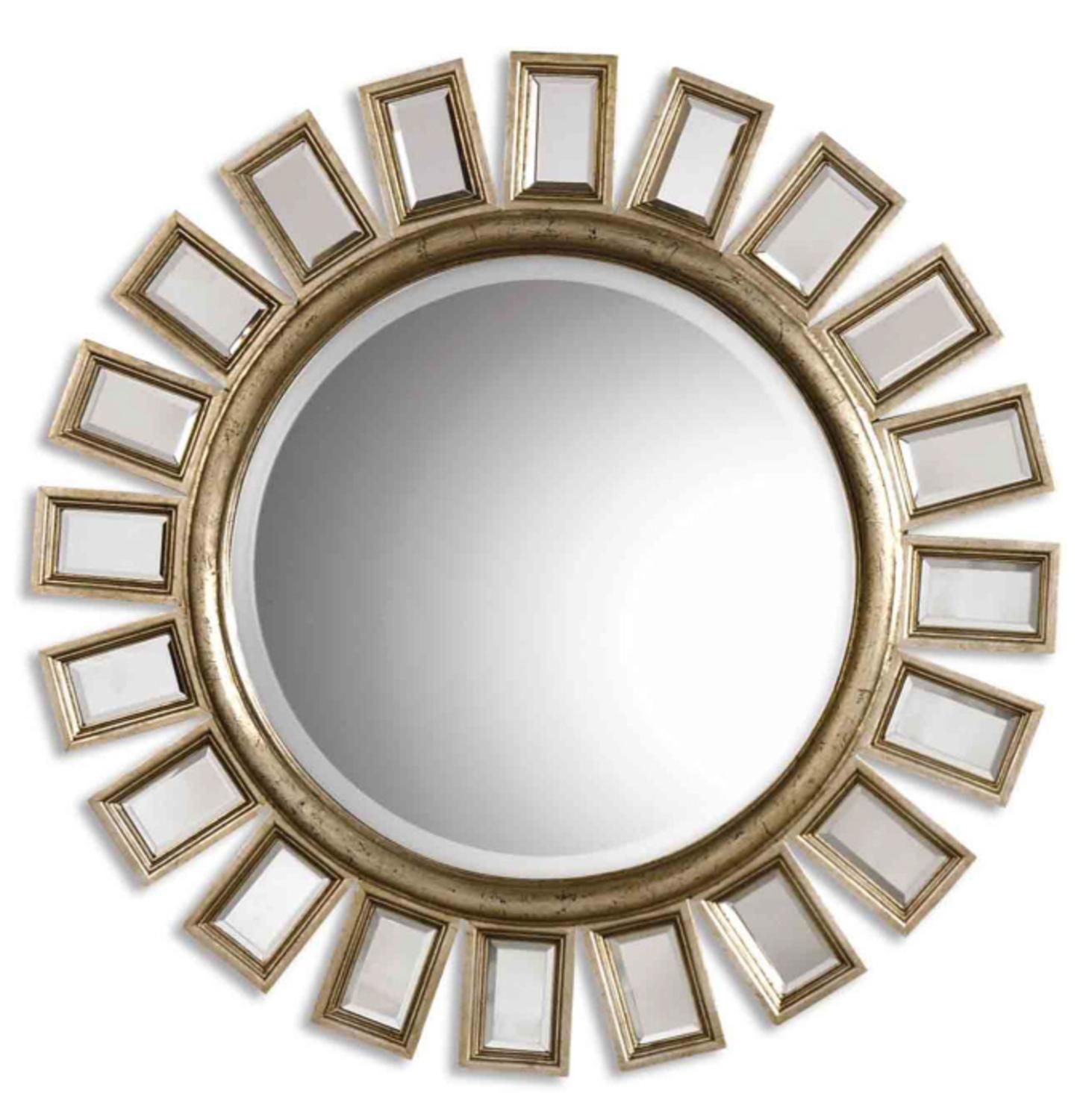 34" Distressed Silver Leaf Finish With Small Mirrors Framed Round Wall Within Scalloped Round Wall Mirrors (View 14 of 15)