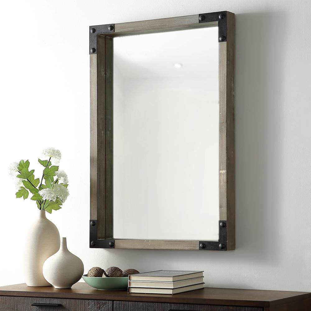 36" Rustic Industrial Farmhouse Rectangle Wood Metal Wall Mirror With Regard To Rustic Industrial Black Frame Wall Mirrors (View 2 of 15)