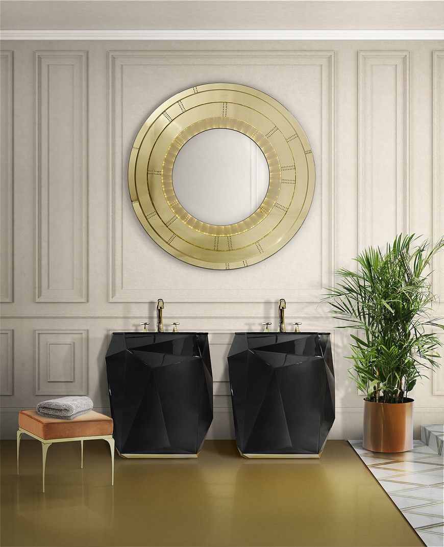 5 Gold Accented Wall Mirrors To Enhance Your Luxury Bathroom Decor Within Round Staggered Nail Head Mirrors (View 5 of 15)