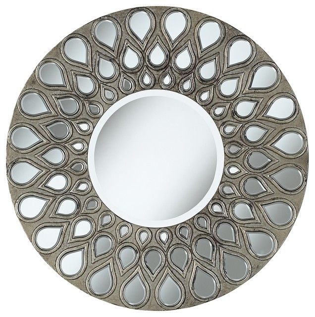 Accent Silver Teardrop 32" Round Wall Mirror – Contemporary – Wall Mirrors With Regard To Silver Leaf Round Wall Mirrors (View 13 of 15)