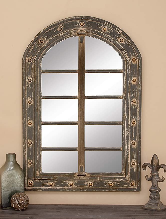 Amazon: Deco 79 Rustic Wooden Arched Window Framed Wall Mirror, 48 Inside Distressed Dark Bronze Wall Mirrors (View 12 of 15)