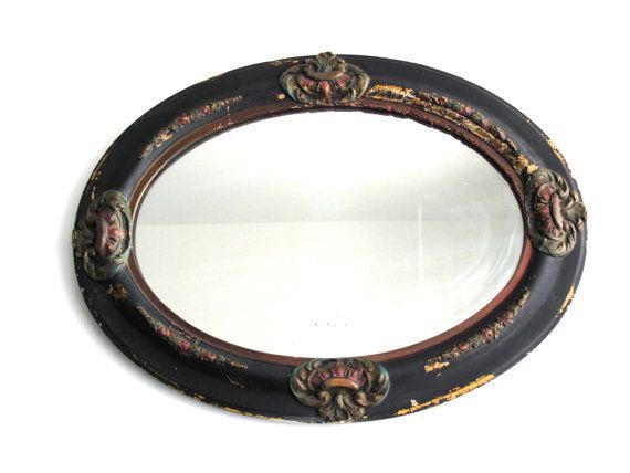 Antique Black Oval Mirror Wood Frame Bathroom Mirrors With | Etsy Inside Black Wood Wall Mirrors (View 10 of 15)