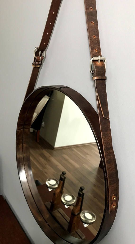Antique Brown Handmade Mirror In The Leather Frame Circular | Etsy With Regard To Brown Leather Round Wall Mirrors (View 7 of 15)