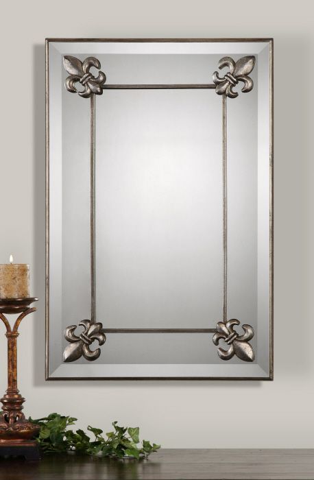 Antiqued Silver Leaf Inner And Outer Frame With Fleur De Lis Conners Intended For Metallic Gold Leaf Wall Mirrors (View 10 of 15)