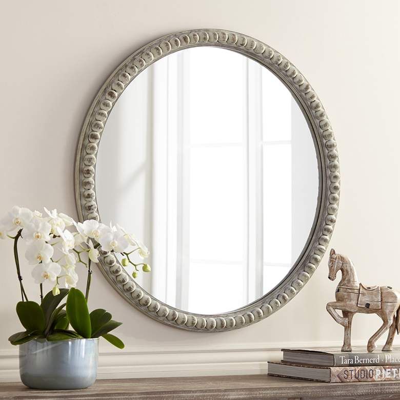 Ariel White Wash 30" Wood Round Wall Mirror – #60J30 | Lamps Plus In White Wood Wall Mirrors (View 7 of 15)