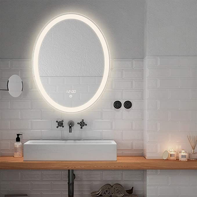 Bathroom Mirror, Oval Frameless Touch Screen Dimming With Lights Vanity Pertaining To Oval Frameless Led Wall Mirrors (View 13 of 15)